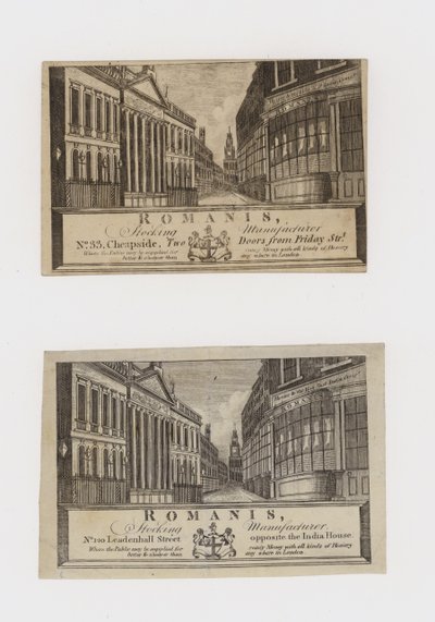 الشركات المصنعة للتخزين ، Romanis ، في Cheapside ثم في شارع Leadenhall ، البطاقة التجارية بواسطة مدرسة اللغة الإنجليزية