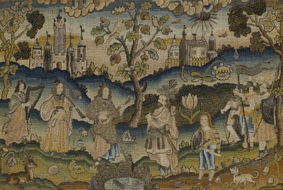 Stumpwork with Scene of Five Musicists in Garden with Tree ، منتصف القرن السابع عشر (قماش) بواسطة مدرسة اللغة الإنجليزية