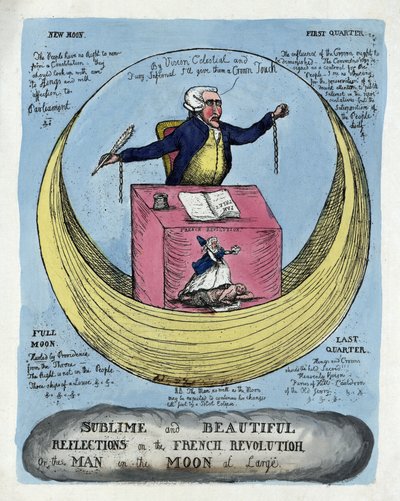 تأملات سامية وجميلة عن الثورة الفرنسية ، أو الرجل في القمر على نطاق واسع ، حانة. 1790 (نقش ملون يدوي) بواسطة مدرسة اللغة الإنجليزية