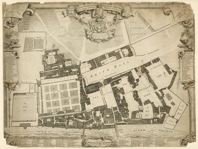 مسح ومؤامرة أرضية للقصر الملكي في وايتهول ، 1680 ، مع المساكن والشقق التابعة لأصحاب الجلالة بواسطة مدرسة اللغة الإنجليزية