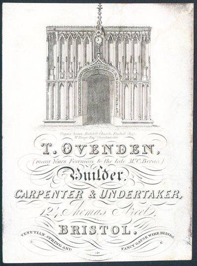 T Ovenden، Builder، Carpenter and Undertaker، البطاقة التجارية بواسطة مدرسة اللغة الإنجليزية