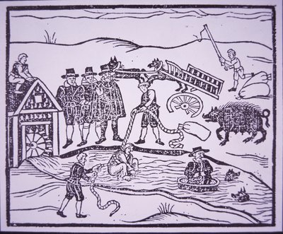 Testing witches by throwing them in a river (woodcut) بواسطة مدرسة اللغة الإنجليزية