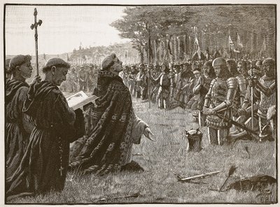 عيد الشكر للجيش الإنجليزي بعد معركة أجينكورت ، 25 أكتوبر 1415 ، رسم توضيحي من تاريخ كاسيلس المصور لإنجلترا (صورة بني داكن) بواسطة مدرسة اللغة الإنجليزية