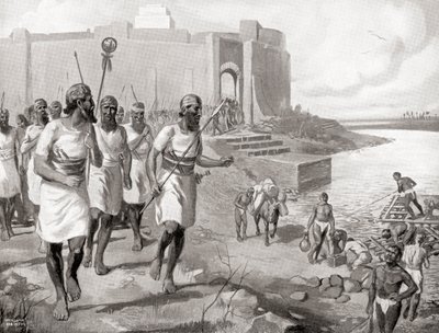 خروج الجيش الآشوري من مدينة آشور لمواجهة الساميين الغربيين، من تاريخ الأمم لهتشينسون، طبعة 1915 بواسطة مدرسة اللغة الإنجليزية