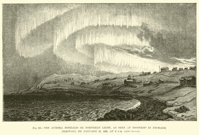 أورورا بورياليس أو نورثرن لايت ، كما رأينا في Bossekop في فينمارك (النرويج) ، في 21 يناير 1839 ، الساعة 6 مساءً بواسطة مدرسة اللغة الإنجليزية