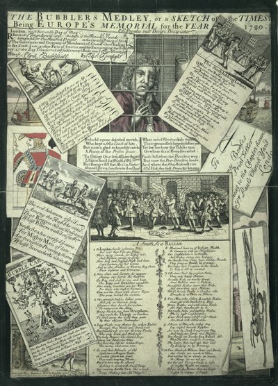 The Bubbler&39;s Medley أو Sketch of the Times هو النصب التذكاري لأوروبا لعام 1720 ، نقش ساخر بواسطة مدرسة اللغة الإنجليزية