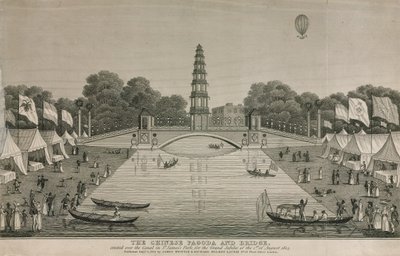المعبد الصيني والجسر الذي نصب فوق القناة في حديقة سانت جاميس لليوبيل الكبير ، 1814 بواسطة مدرسة اللغة الإنجليزية
