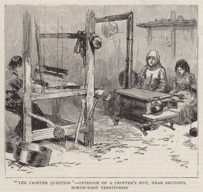 "The Crofter Question"، Interior of a Crofter's Hut، بالقرب من Saltcots ، الأقاليم الشمالية الغربية (نقش) بواسطة مدرسة اللغة الإنجليزية