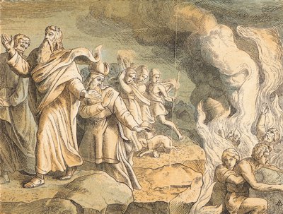 The Destruction of Korah, Nathan, and Abiram (coloured engraving) بواسطة مدرسة اللغة الإنجليزية