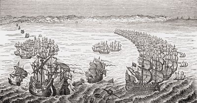 الأسطول الإنجليزي ، بقيادة السير فرانسيس دريك ، مهاجمة أرمادا الإسبانية في عام 1588 ، من `` إنجازات إنجلترا القديمة &39;&39; التي كتبها اللورد بروغام وآخرون ، تم نشر لندن ، c.1880s بواسطة مدرسة اللغة الإنجليزية
