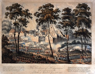 الجزء الخارجي من Hougoumont في بداية معركة واترلو ، 18 يونيو 1815 ، منقوش بواسطة T. Sutherland ، تم نشره عام 1816 (aquatint) بواسطة مدرسة اللغة الإنجليزية