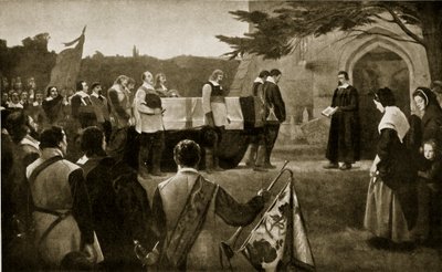 جنازة جون هامبدن ، 1643 ، رسم توضيحي من قصة هاتشينسون للأمة البريطانية ، ج .1923 بواسطة مدرسة اللغة الإنجليزية