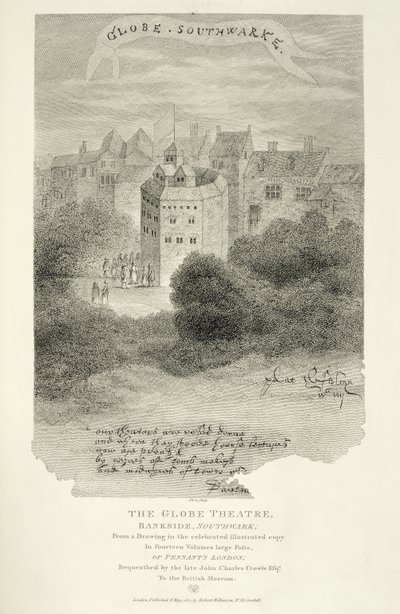 مسرح جلوب ، بانكسايد ، ساوثوارك ، بعد رسم من بينانتس لندن ، نُشر لأول مرة عام 1793 ، نقشه جيمس ستو (c.1770-p.1820) ، نُشر عام 1812 بواسطة مدرسة اللغة الإنجليزية