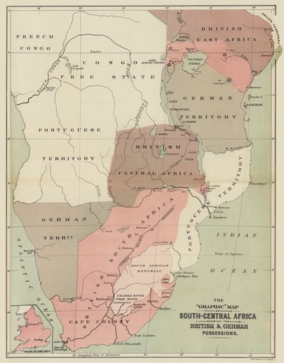 The Graphic Map of South-Central Africa shewing the British and German Possessions (colour litho) بواسطة مدرسة اللغة الإنجليزية