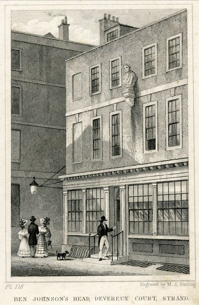 The Grecian Coffee House ، Devereux Court ، Strand ، يضم تمثال نصفي لبن جونسون (نقش) بواسطة مدرسة اللغة الإنجليزية