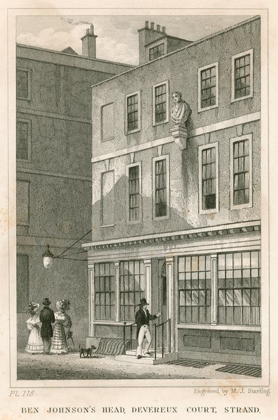 The Grecian Coffee House ، ديفيروكس كورت ، ستراند ، يضم تمثال نصفي لبن جونسون بواسطة مدرسة اللغة الإنجليزية