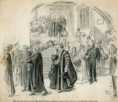 The Guildhall ، لندن ، مأدبة: موكب لورد مايورز يمر من المكتبة إلى قاعة الولائم بواسطة مدرسة اللغة الإنجليزية