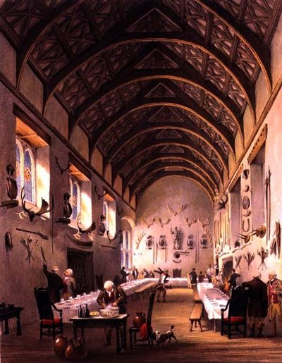 القاعة ، Cotehele House ، حوالي 1830-40 (لون ليثو) بواسطة مدرسة اللغة الإنجليزية