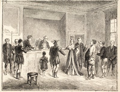 اليد والمقص ، قضية معروضة على محكمة فطيرة بودر ، من رسم بتاريخ 1811 بواسطة مدرسة اللغة الإنجليزية