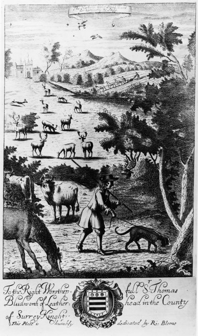 The Harbourer مع كلب الدم لإيواء الأيل ، من "منتزه الجنتلمان" الذي نشره ريتشارد بلوم ، 1686 بواسطة مدرسة اللغة الإنجليزية