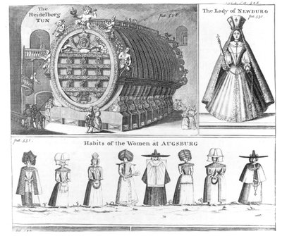 The Heidelberg Tun ، سيدة نيوبورغ وعادات نساء أوغسبورغ ، من رحلة ميسونز نوفو ديتالي المنشورة في Navigantium atque Itinerantium Bibliotheca by Harris ، طبعة منقحة ، 174 بواسطة مدرسة اللغة الإنجليزية