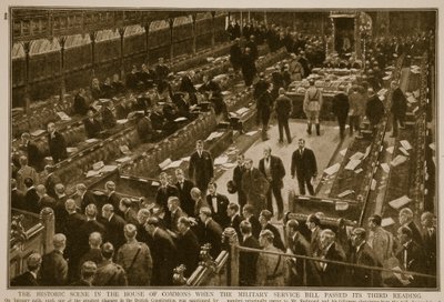 المشهد التاريخي في مجلس العموم عندما مر مشروع قانون الخدمة العسكرية بقراءته الثالثة ، 1914-1919 بواسطة مدرسة اللغة الإنجليزية