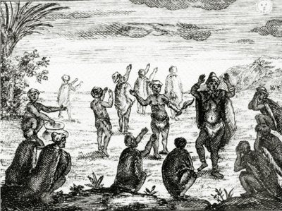 The Hottentots Worship the moon ، التوضيح من "الحالة الحالية لرأس الرجاء الصالح" بقلم بيتر كولب ، نشر 1731 بواسطة مدرسة اللغة الإنجليزية