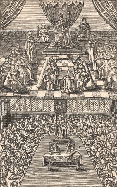 مجلس اللوردات ومجلس العموم في عهد الملك تشارلز الأول ، حوالي عام 1640 (نقش خشبي ملون) بواسطة مدرسة اللغة الإنجليزية
