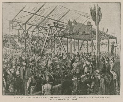 المعهد الإمبراطوري: صاحبة الجلالة تضع حجر الأساس في 4 يوليو 1887 ، والذي كان كتلة ضخمة من الجرانيت من كيب كولوني بواسطة مدرسة اللغة الإنجليزية
