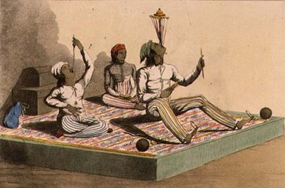 The Indian Jugglers ، أكتوبر 1813 ، من "Ackermann's Repository of Arts" ، تم نشره في 1809-28 (color litho) بواسطة مدرسة اللغة الإنجليزية