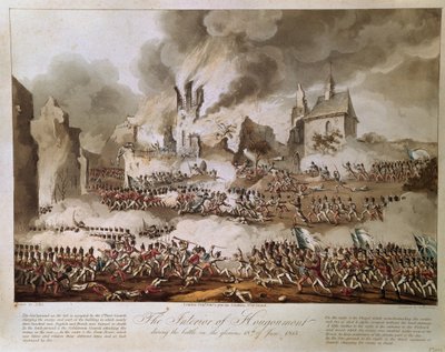 الداخلية من Hougoumont خلال معركة على المجيد 18 يونيو 1815 ، نقشها T. Sutherland ، تم نشره عام 1816 (aquatint) بواسطة مدرسة اللغة الإنجليزية