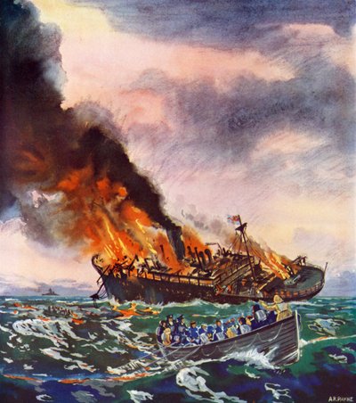 سفينة جيرفيس باي، التي أُغرقت في 5 نوفمبر 1940 (صورة حجرية ملونة) بواسطة مدرسة اللغة الإنجليزية