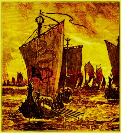The Keels of the Northmen ، توضيح لتاريخ إنجلترا بواسطة HO Arnold-Forster ، تم نشره عام 1897 (صورة محسنة رقميًا) بواسطة مدرسة اللغة الإنجليزية