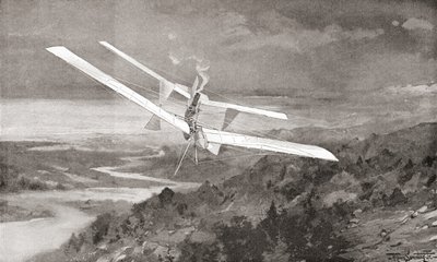 آلة طيران لانجلي ايرودروم في رحلة طيران في القرن التاسع عشر. من مجلة ستراند نشرت عام 1897. بواسطة مدرسة اللغة الإنجليزية