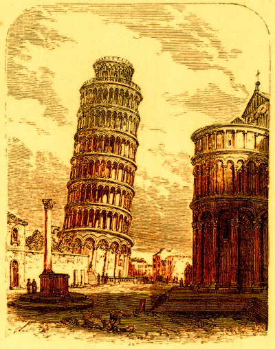 البرج المائل و Apsis of the Cathedral ، بيزا ، رسم توضيحي من العالم كما هو من قبل جورج تشيشولم ، تم نشره عام 1885 (صورة محسنة رقميًا) بواسطة مدرسة اللغة الإنجليزية