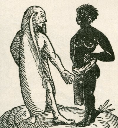 الرجل طويل الأذن يوبخ خادمه. يقال إن الرجال ذوي الأذن الطويلة يعيشون في إفريقيا. وقيل إنهم كانوا ينامون مستلقين على أذن والآخر يغطونهم كغطاء. من مجلة ستراند نشرت عام 1897. بواسطة مدرسة اللغة الإنجليزية