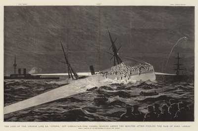 The Loss of the Anchor Line SS "Utopia" off Gibraltar, the Vessel sinking about Ten Minutes after fouling the Ram of HMS "Anson" (engraving) بواسطة مدرسة اللغة الإنجليزية