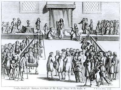 طريقة جلالة علاج المرض الذي يطلق عليه شر الملك ، نقشها فريدريك هندريك فان هوف (c.1628-98) مطبوعة لدورمان نيومان (انظر أيضًا 259707) بواسطة مدرسة اللغة الإنجليزية