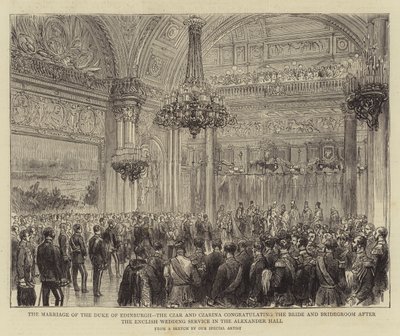 The Marriage of the Duke of Edinburgh, the Czar and Czarina congratulating the Bride and Bridegroom after the English Wedding Service in the Alexander Hall (engraving) بواسطة مدرسة اللغة الإنجليزية