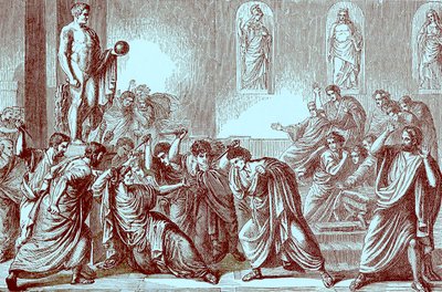 مقتل يوليوس قيصر ، رسم توضيحي من تاريخ العالم المصور ، تم نشره عام 1880 (صورة محسنة رقميًا) بواسطة مدرسة اللغة الإنجليزية