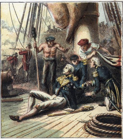 الحرب النابليونية: معركة ترافالغار ، في 21/10/1805 عارضت الأسطول الفرنسي الإسباني بقيادة الأدميرال فيلنوف إلى الأسطول البريطاني بقيادة نائب الأدميرال نيلسون. مات هناك. "معركة ترافالغار بواسطة مدرسة اللغة الإنجليزية