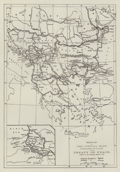 الخرائط الرسمية لمعاهدة السلام ، الموقعة في سان ستيفانو ، 3 مارس 1878 (نقش) بواسطة مدرسة اللغة الإنجليزية