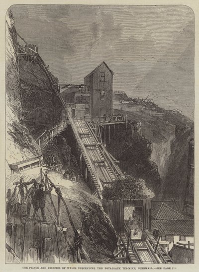 أمير وأميرة ويلز ينزلان من منجم Botallack Tin-Mine ، كورنوال (نقش) بواسطة مدرسة اللغة الإنجليزية