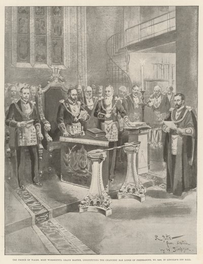 يشكل أمير ويلز ، السيد الأكبر الأكثر عبادة ، Chancery Bar Lodge of Freemasons ، رقم 2456 ، في Lincoln's Inn Hall (نقش) بواسطة مدرسة اللغة الإنجليزية