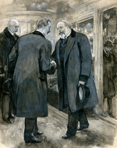 أمير ويلز يحيي الإمبراطور الألماني ، محطة تشارينغ كروس ، 20 يناير 1901 (مرحاض على ورق) بواسطة مدرسة اللغة الإنجليزية