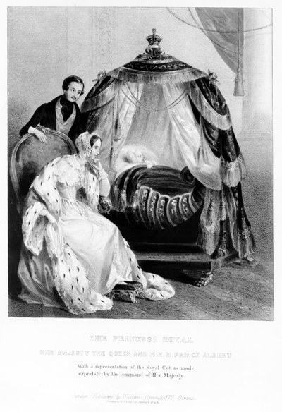 الأميرة الملكية وجلالة الملكة وصاحب السمو الملكي الأمير ألبرت مع المهد الملكي ، عام 1840 بواسطة مدرسة اللغة الإنجليزية