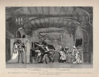 إنتاج فيلم "Falstaff" للمخرج جوزيبي فيردي في ميلانو ، أخفى فالستاف في سلة باك في منزل فورد. التوضيح للرسم بواسطة مدرسة اللغة الإنجليزية