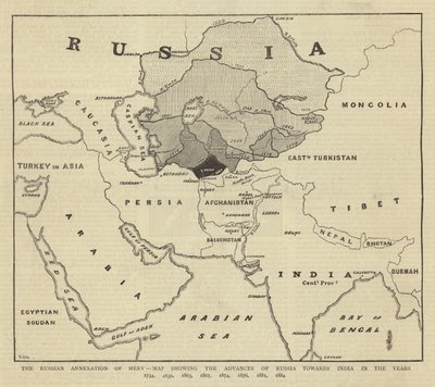 الضم الروسي لميرف ، خريطة توضح تقدم روسيا نحو الهند في السنوات 1734 ، 1836 ، 1863 ، 1867 ، 1874 ، 1876 ، 1881 ، 1884 بواسطة مدرسة اللغة الإنجليزية