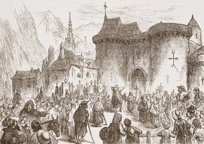الحجاج الشام عند بوابة جنيف ، توضيح من تاريخ البروتستانتية بقلم جيمس أيتكين ويلي (1808-1890) ، حانة. 1878 بواسطة مدرسة اللغة الإنجليزية