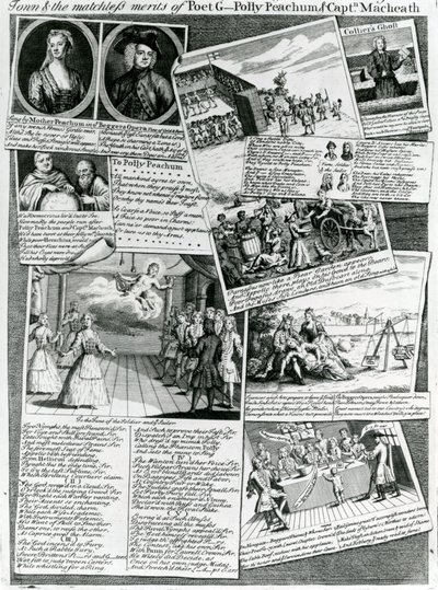 The Stage Medley يمثل الذوق المهذب للمدينة والميزات التي لا مثيل لها للشاعر G. ، Polly Peachum و Captain Macheath ، c.1728 بواسطة مدرسة اللغة الإنجليزية